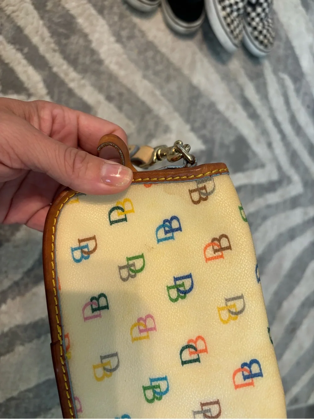 Dooney & Bourke Cream Multicolor Logo Wristlet with Leather Trim